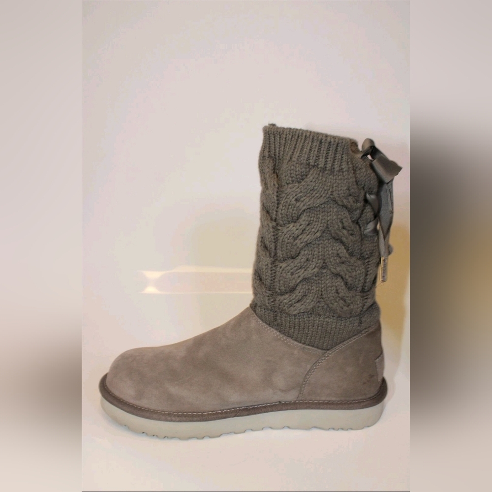 UGG Kiandra Willow Ribbon Bow Gray Knit Sweater Fabric Suede Shearling Boots 10 - Picture 4 of 16